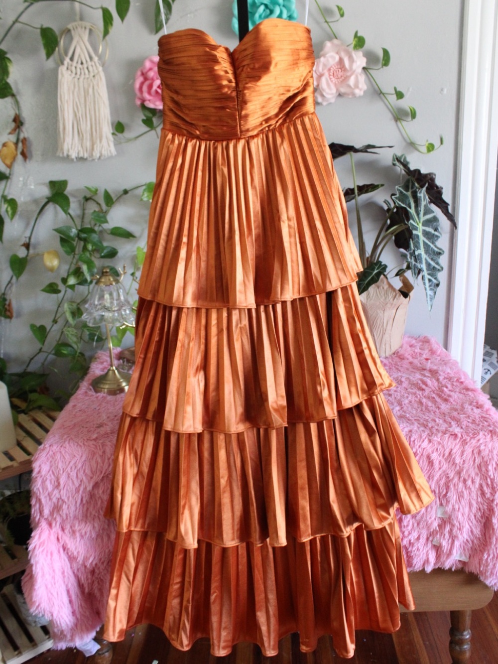 Strapless Tiered Satin Evening Gown in Copper - Picture 3 of 9